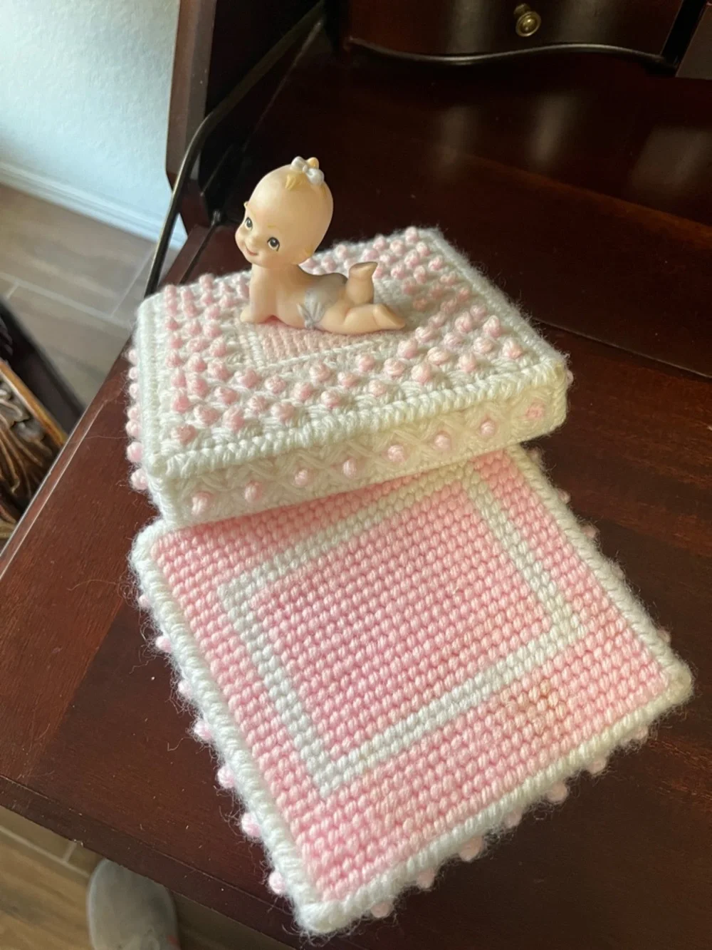 Cream and Pale Pink Crocheted Trinket Box with Ceramic Baby Topper